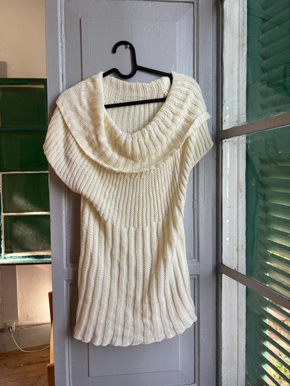 Vintage Y2K Cream Knit Cowl Neck Top | Soft Ribbed Sweater Tee | Cozy Minimalist