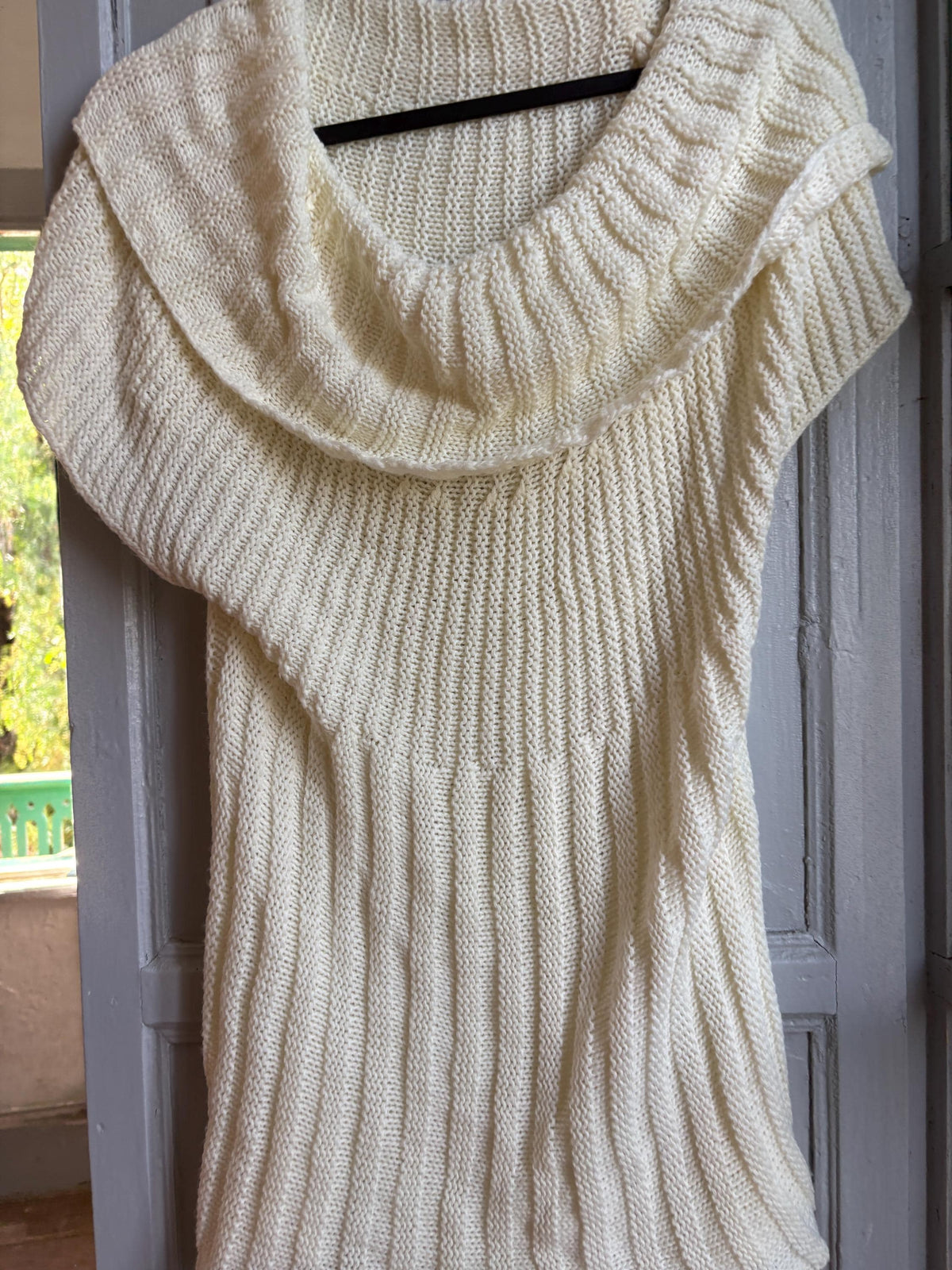 Vintage Y2K Cream Knit Cowl Neck Top | Soft Ribbed Sweater Tee | Cozy Minimalist