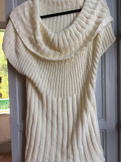 Vintage Y2K Cream Knit Cowl Neck Top | Soft Ribbed Sweater Tee | Cozy Minimalist