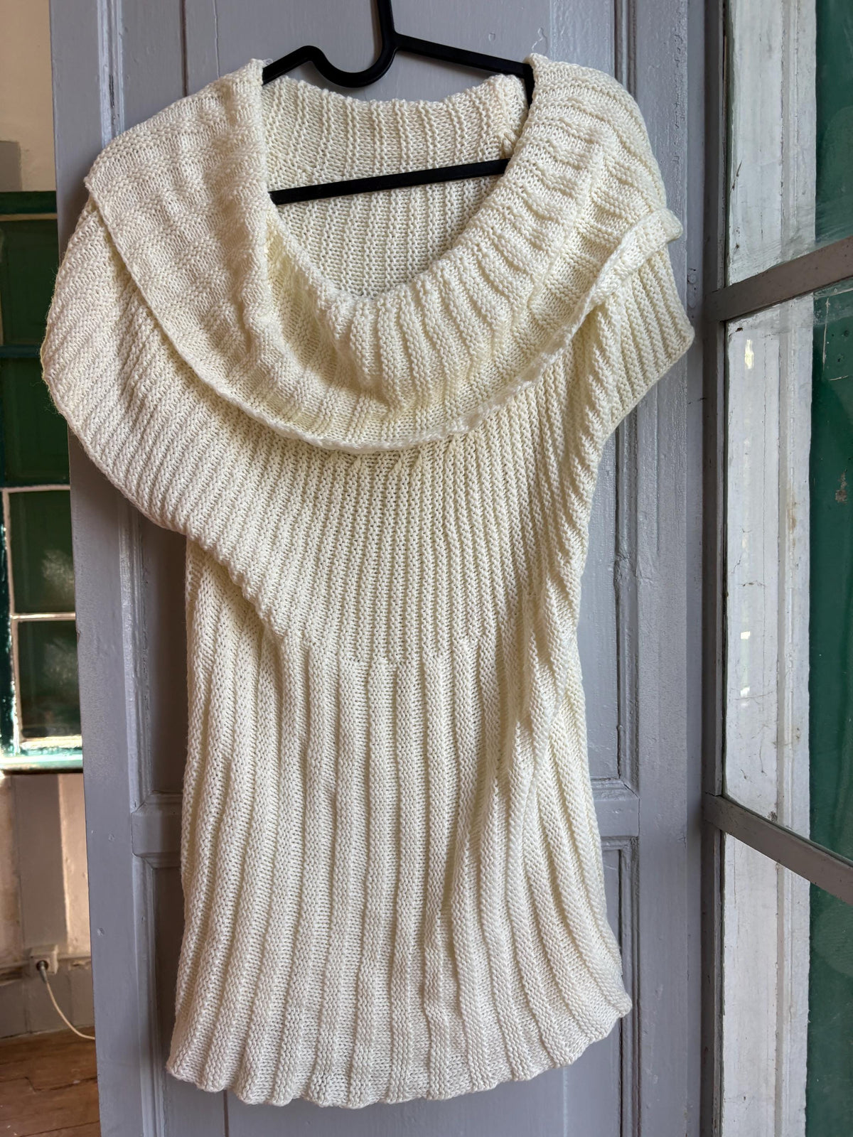 Vintage Y2K Cream Knit Cowl Neck Top | Soft Ribbed Sweater Tee | Cozy Minimalist