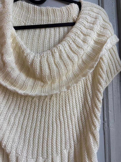 Vintage Y2K Cream Knit Cowl Neck Top | Soft Ribbed Sweater Tee | Cozy Minimalist