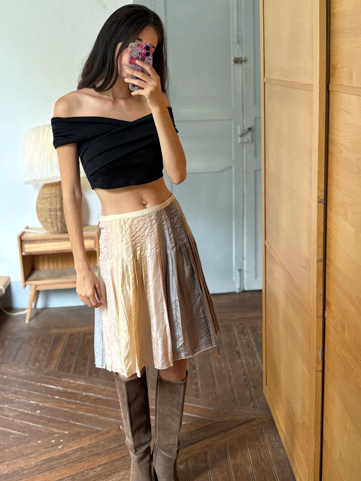 Massimo Dutti 100% Silk Pleated Midi Skirt | Luxe Neutral Champagne Beige | Minimalist Elegant Skirt