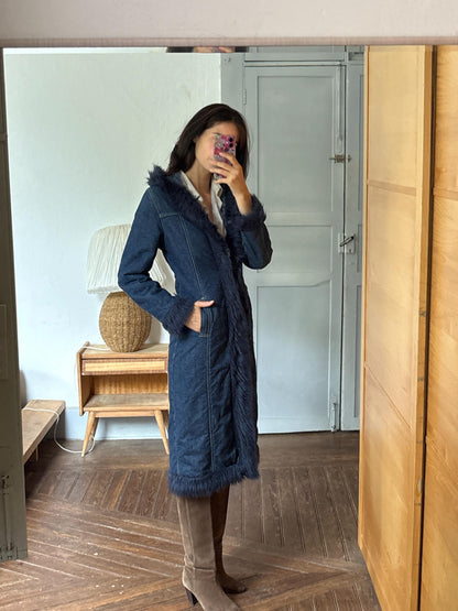 Vintage Y2K Long Denim Coat with Faux Fur Hood | Dark Wash Hooded Winter Coat | Cozy Statement Jacket