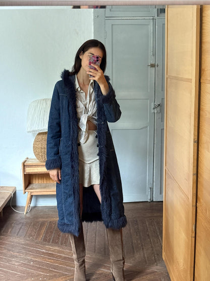 Vintage Y2K Long Denim Coat with Faux Fur Hood | Dark Wash Hooded Winter Coat | Cozy Statement Jacket