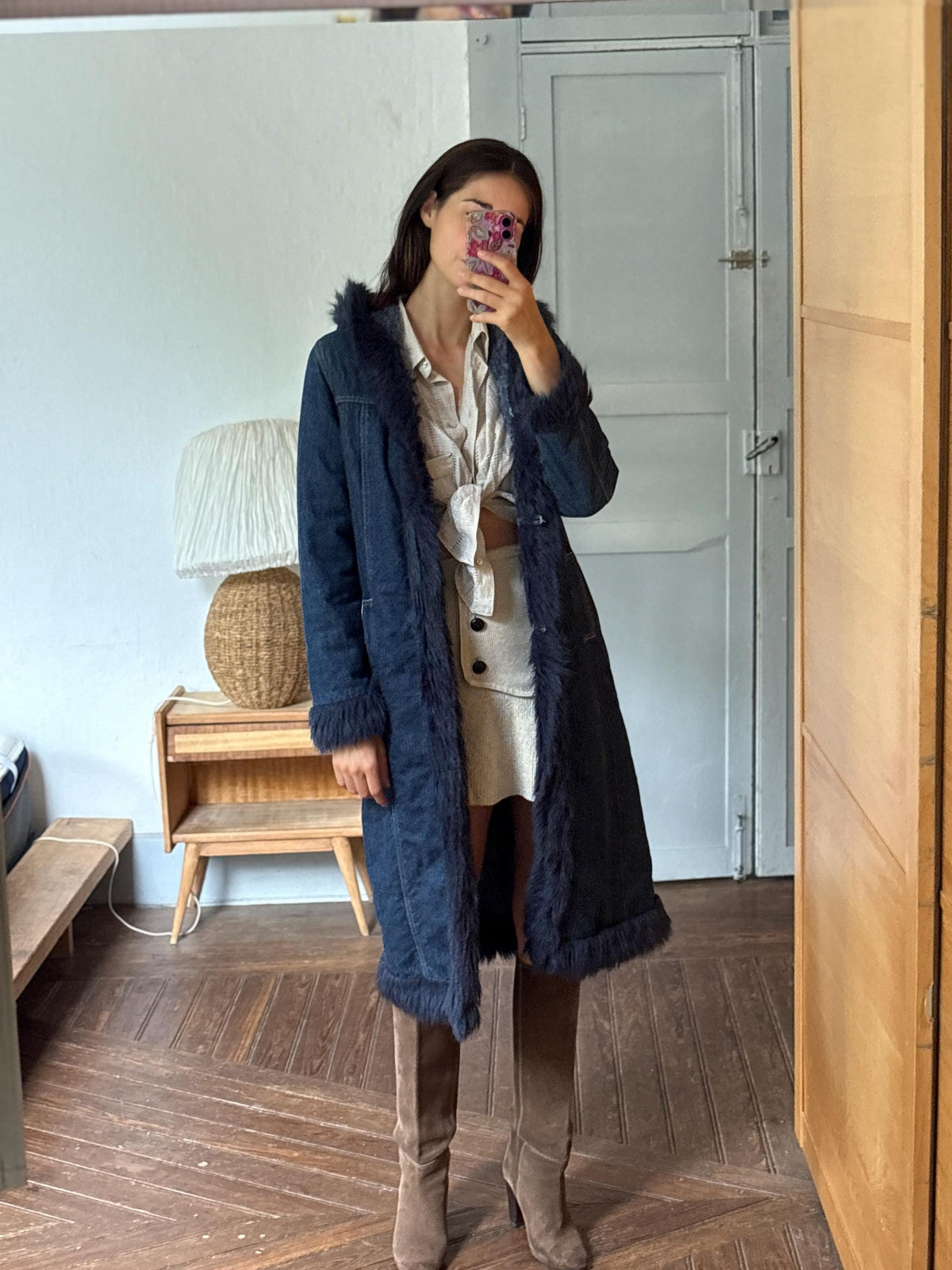 Vintage Y2K Long Denim Coat with Faux Fur Hood | Dark Wash Hooded Winter Coat | Cozy Statement Jacket