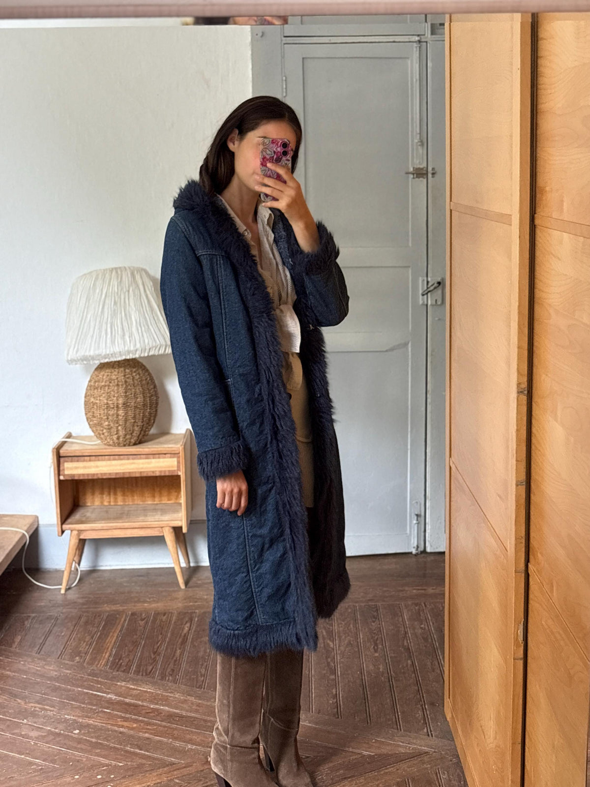 Vintage Y2K Long Denim Coat with Faux Fur Hood | Dark Wash Hooded Winter Coat | Cozy Statement Jacket