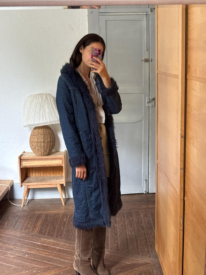 Vintage Y2K Long Denim Coat with Faux Fur Hood | Dark Wash Hooded Winter Coat | Cozy Statement Jacket