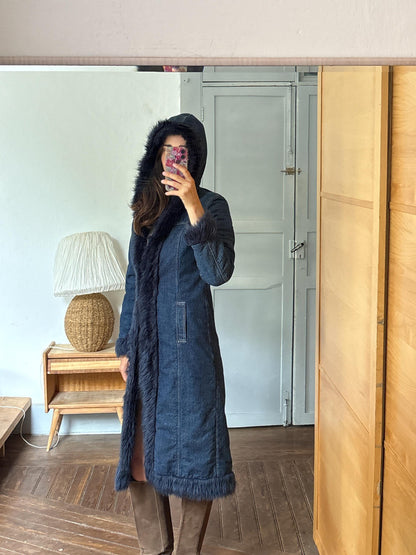 Vintage Y2K Long Denim Coat with Faux Fur Hood | Dark Wash Hooded Winter Coat | Cozy Statement Jacket