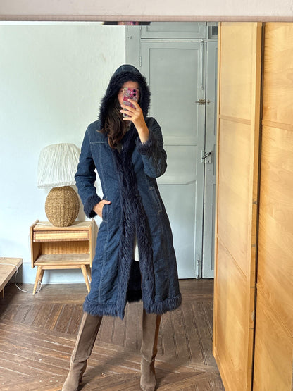 Vintage Y2K Long Denim Coat with Faux Fur Hood | Dark Wash Hooded Winter Coat | Cozy Statement Jacket