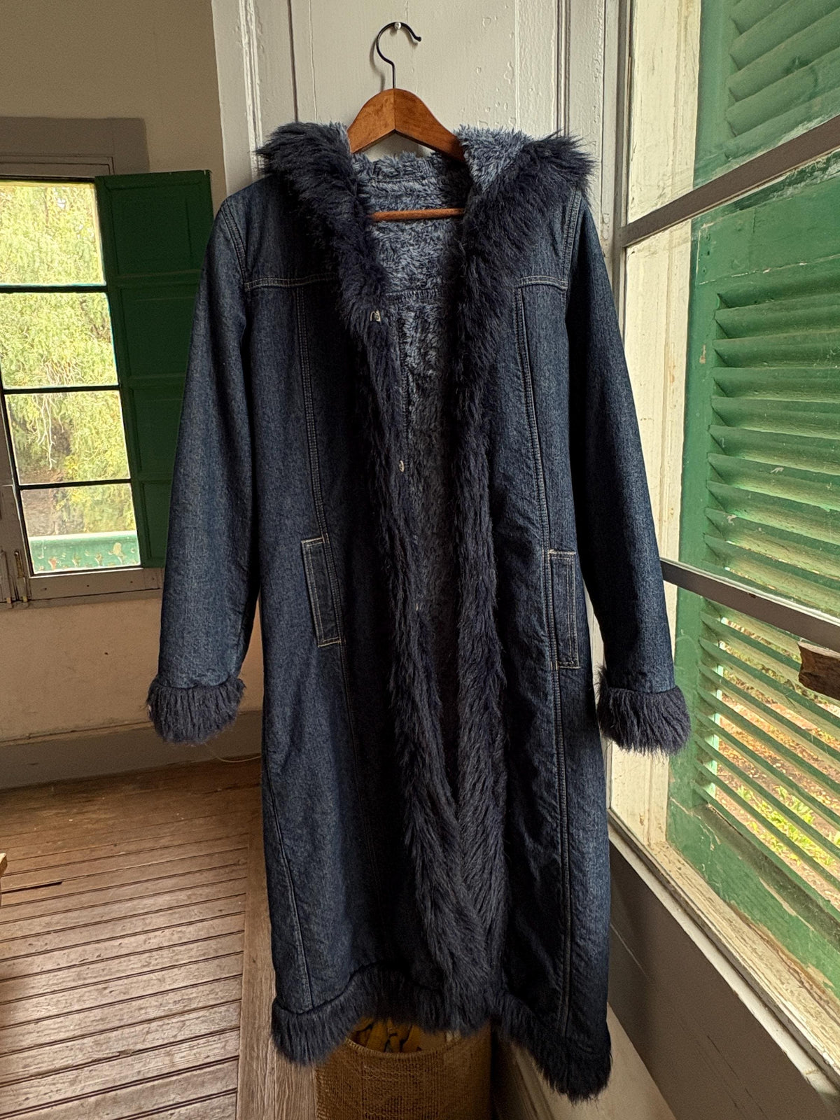Vintage Y2K Long Denim Coat with Faux Fur Hood | Dark Wash Hooded Winter Coat | Cozy Statement Jacket