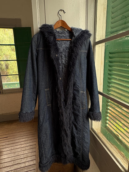 Vintage Y2K Long Denim Coat with Faux Fur Hood | Dark Wash Hooded Winter Coat | Cozy Statement Jacket