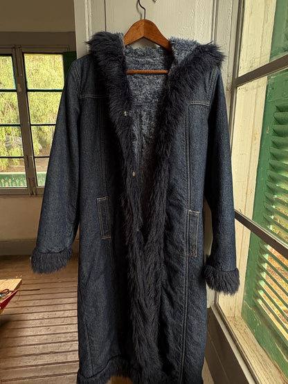 Vintage Y2K Long Denim Coat with Faux Fur Hood | Dark Wash Hooded Winter Coat | Cozy Statement Jacket