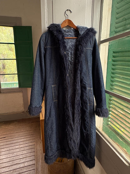 Vintage Y2K Long Denim Coat with Faux Fur Hood | Dark Wash Hooded Winter Coat | Cozy Statement Jacket