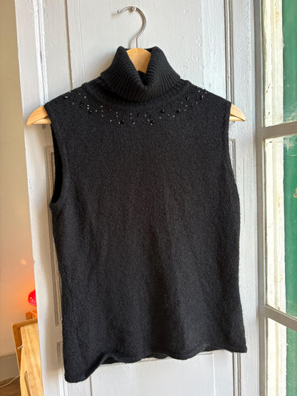 Vintage Y2K Black Sleeveless Turtleneck Sweater | Beaded Knit Top | Soft Wool Blend | Goth Minimalist