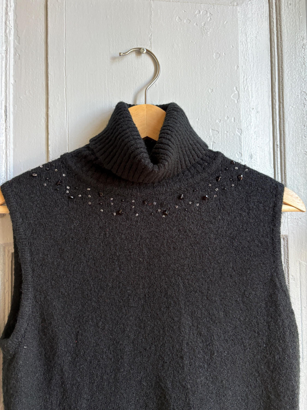 Vintage Y2K Black Sleeveless Turtleneck Sweater | Beaded Knit Top | Soft Wool Blend | Goth Minimalist