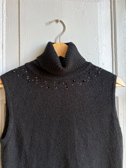 Vintage Y2K Black Sleeveless Turtleneck Sweater | Beaded Knit Top | Soft Wool Blend | Goth Minimalist