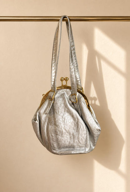 Vintage Silver Kiss Lock Handbag, Metallic Faux Leather Purse, Y2K Shoulder Bag, Retro Evening Bag, Small Women's Handbag