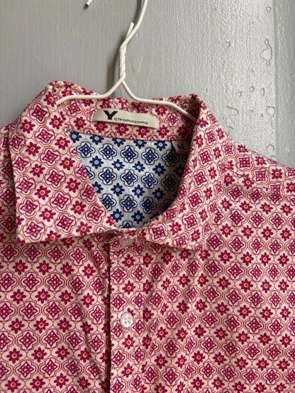 Colourful Men's Geometric Print Shirt, Cotton Stretch Button Down, Retro Pattern Shirt, Casual Summer Shirt, Size M