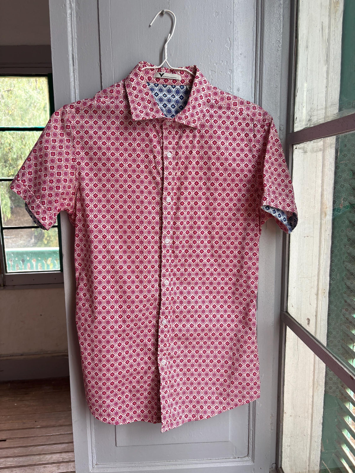 Colourful Men's Geometric Print Shirt, Cotton Stretch Button Down, Retro Pattern Shirt, Casual Summer Shirt, Size M
