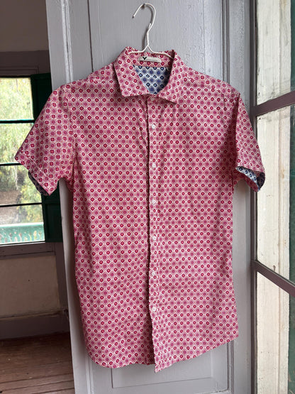 Colourful Men's Geometric Print Shirt, Cotton Stretch Button Down, Retro Pattern Shirt, Casual Summer Shirt, Size M