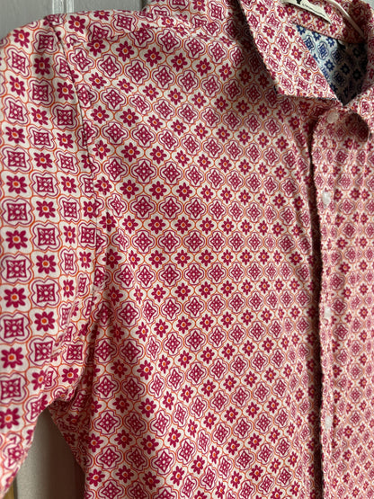 Colourful Men's Geometric Print Shirt, Cotton Stretch Button Down, Retro Pattern Shirt, Casual Summer Shirt, Size M