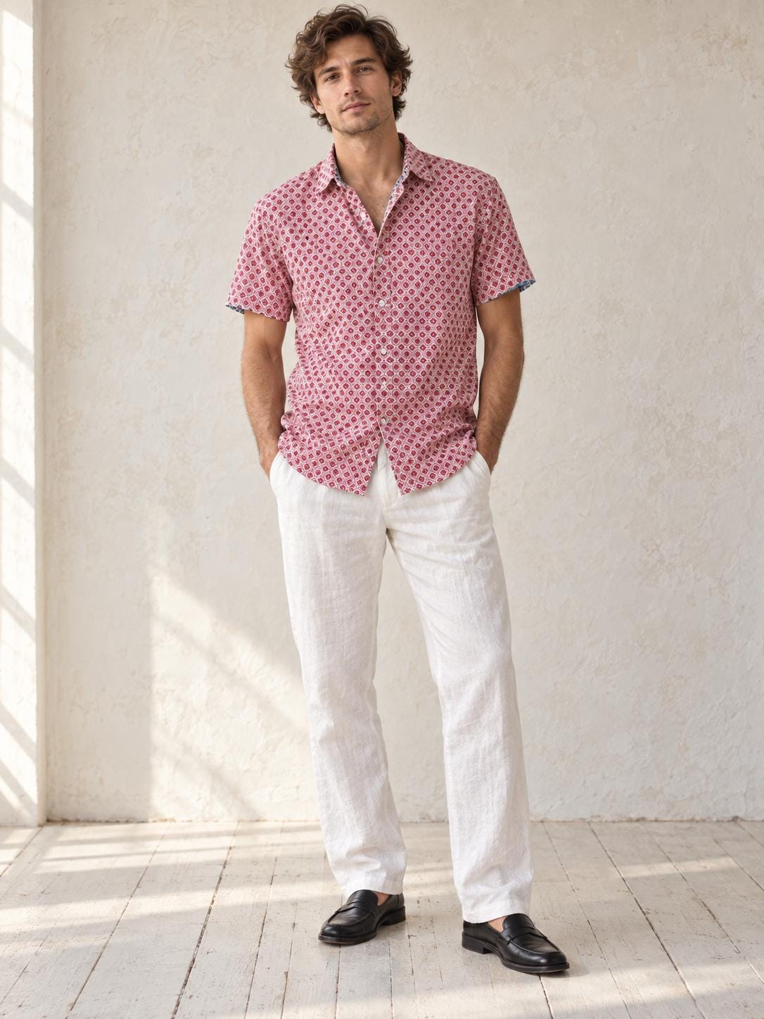 Colourful Men's Geometric Print Shirt, Cotton Stretch Button Down, Retro Pattern Shirt, Casual Summer Shirt, Size M