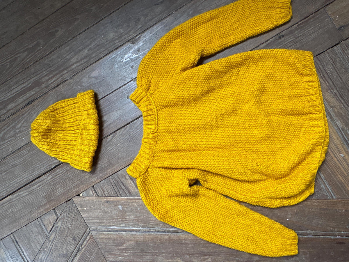 Handmade Mustard Yellow Knitted Jumper & Beanie Set, Vintage Children's Knitwear, Grandma Knit Sweater, Cozy Winter Outfit