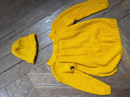 Handmade Mustard Yellow Knitted Jumper & Beanie Set, Vintage Children's Knitwear, Grandma Knit Sweater, Cozy Winter Outfit