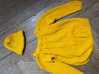 Handmade Mustard Yellow Knitted Jumper & Beanie Set, Vintage Children's Knitwear, Grandma Knit Sweater, Cozy Winter Outfit