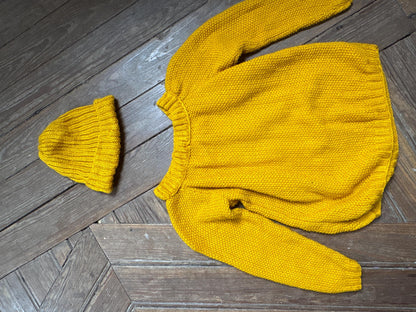 Handmade Mustard Yellow Knitted Jumper & Beanie Set, Vintage Children's Knitwear, Grandma Knit Sweater, Cozy Winter Outfit