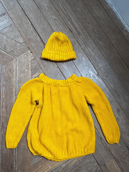 Handmade Mustard Yellow Knitted Jumper & Beanie Set, Vintage Children's Knitwear, Grandma Knit Sweater, Cozy Winter Outfit