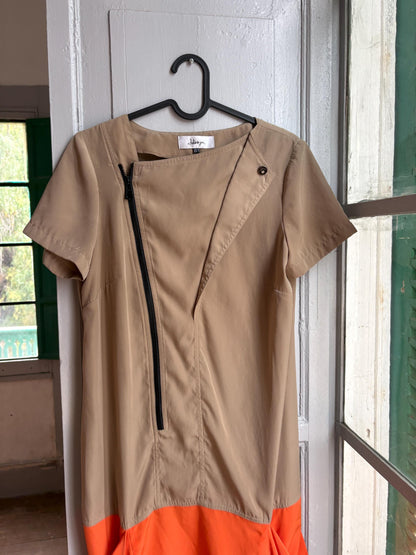 Designer Colour Block Dress, Spanish Designer Dress, Modern Zip Front Dress, Avant Garde Dress, Minimalist Midi Dress, Size EU 38