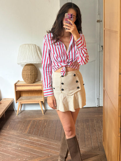 Red & Blue Candy Stripe Cotton Shirt, Equestrian Style Button Up, Embroidered Horse Blouse, Preppy Vintage Shirt, Women's M-L