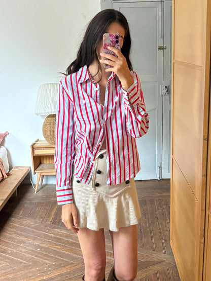 Red & Blue Candy Stripe Cotton Shirt, Equestrian Style Button Up, Embroidered Horse Blouse, Preppy Vintage Shirt, Women's M-L