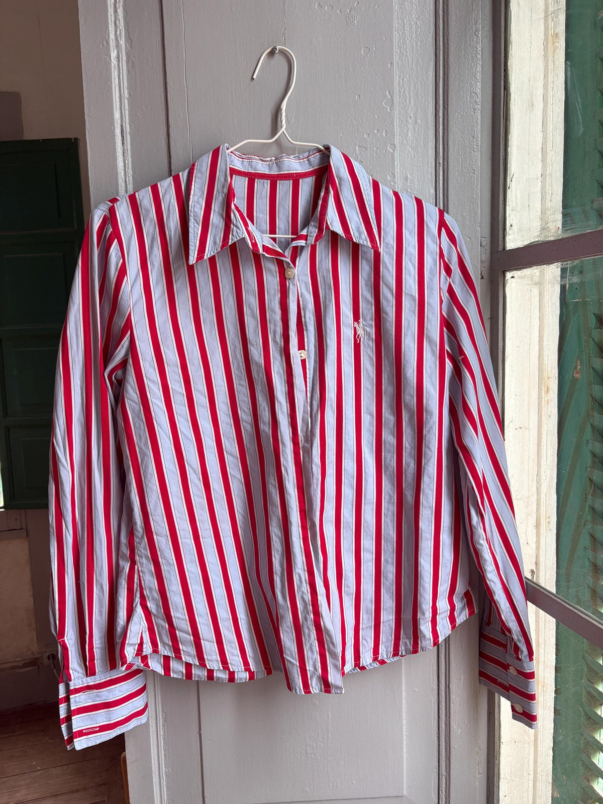 Red & Blue Candy Stripe Cotton Shirt, Equestrian Style Button Up, Embroidered Horse Blouse, Preppy Vintage Shirt, Women's M-L