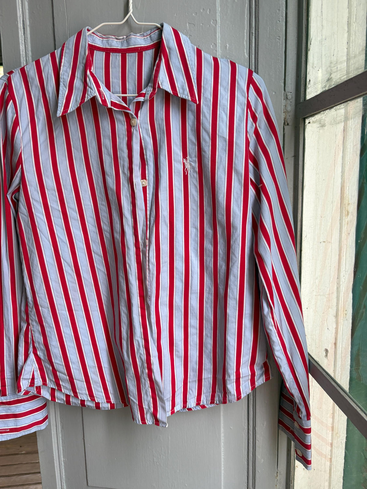 Red & Blue Candy Stripe Cotton Shirt, Equestrian Style Button Up, Embroidered Horse Blouse, Preppy Vintage Shirt, Women's M-L
