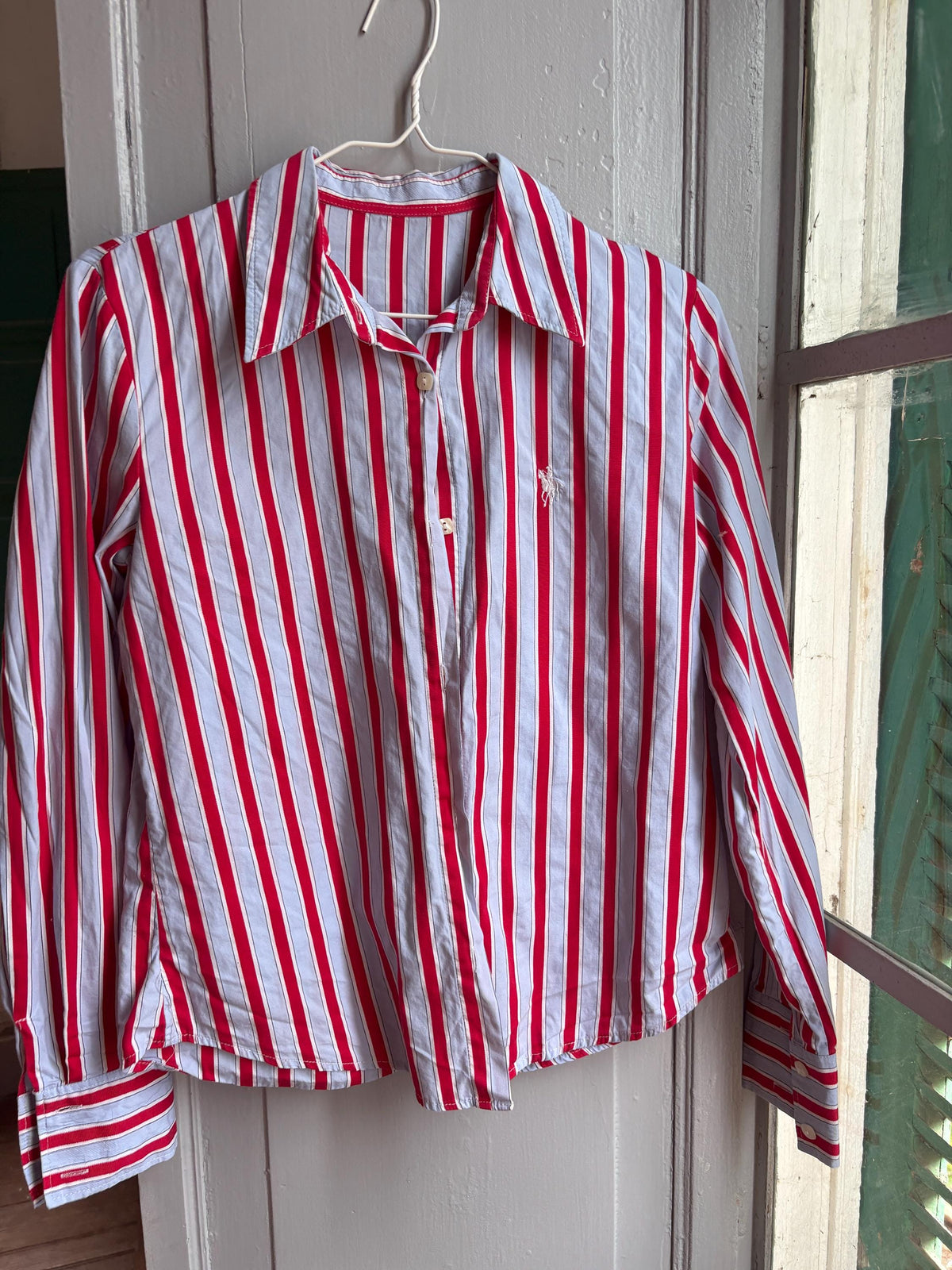 Red & Blue Candy Stripe Cotton Shirt, Equestrian Style Button Up, Embroidered Horse Blouse, Preppy Vintage Shirt, Women's M-L