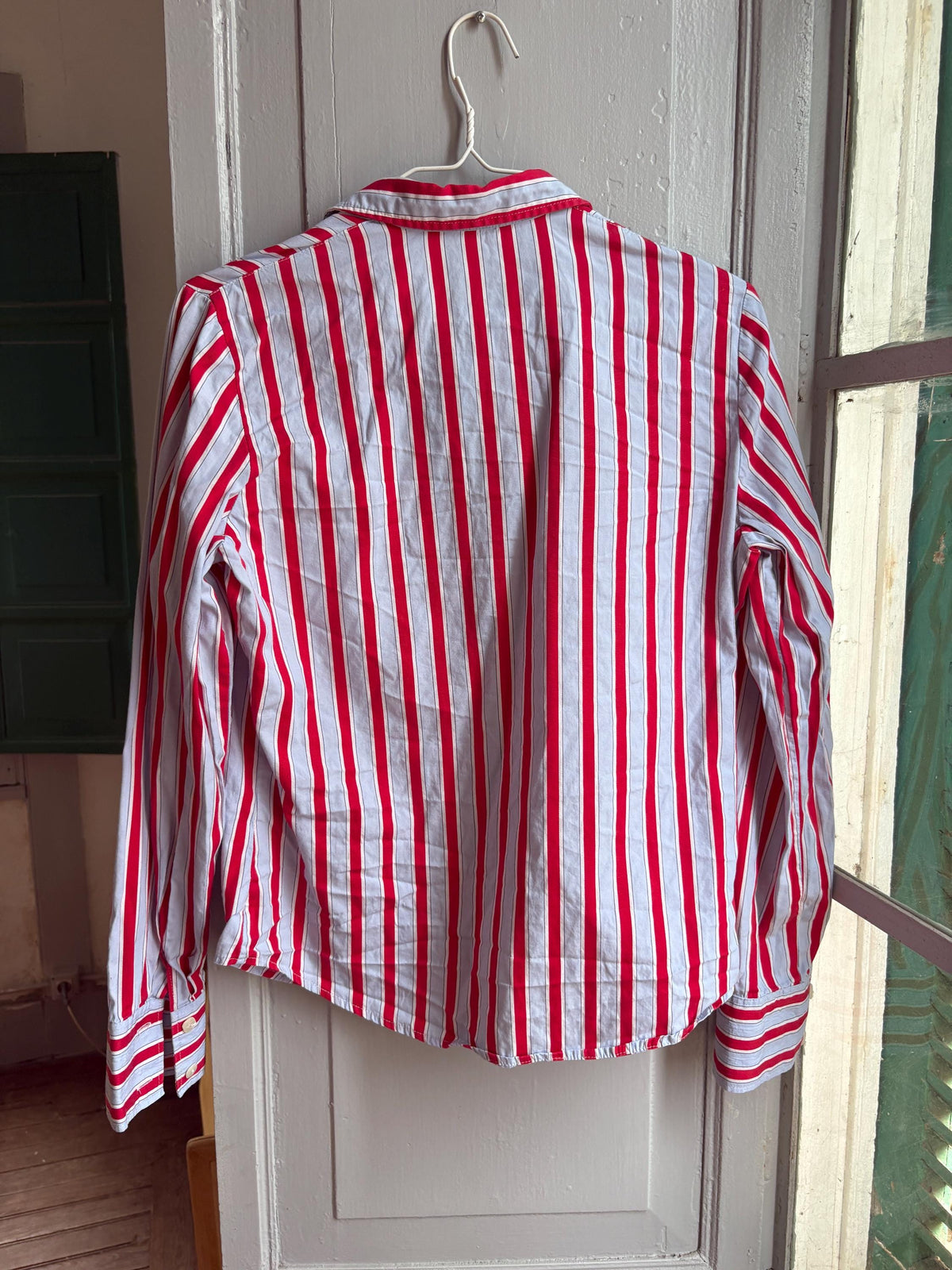 Red & Blue Candy Stripe Cotton Shirt, Equestrian Style Button Up, Embroidered Horse Blouse, Preppy Vintage Shirt, Women's M-L