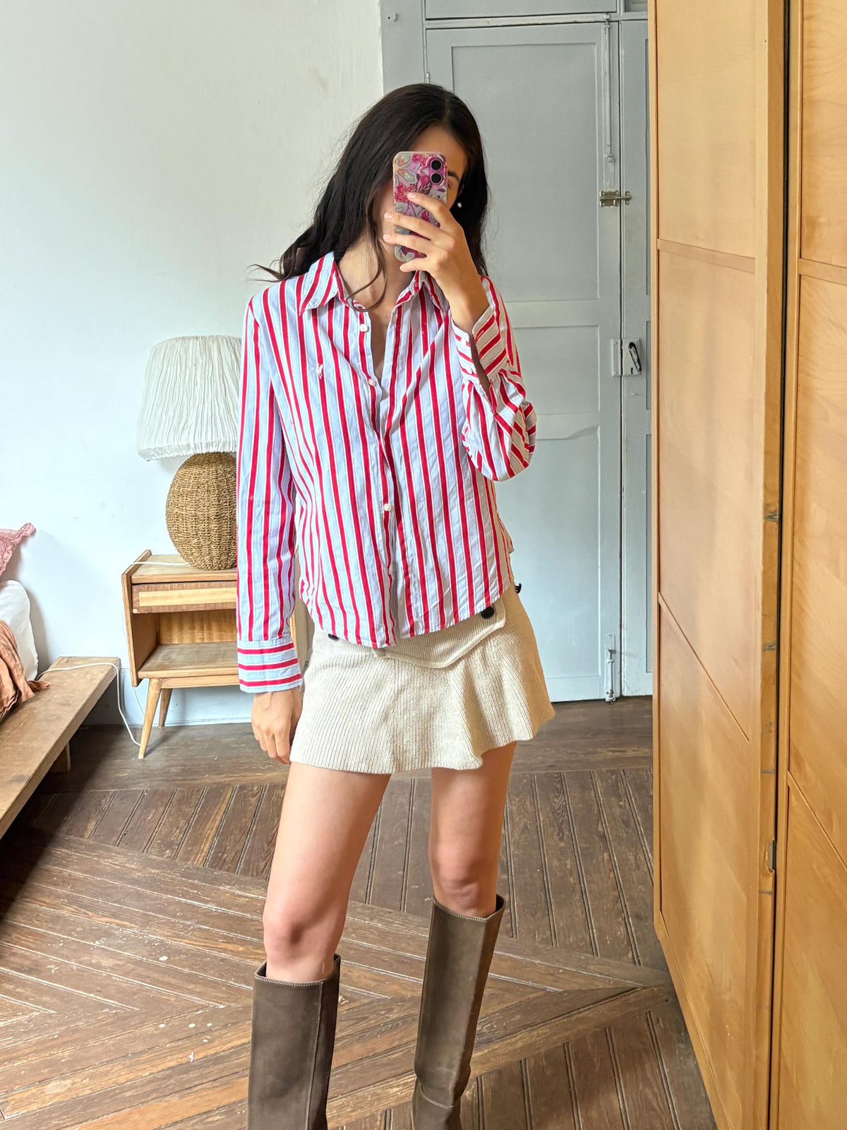Red & Blue Candy Stripe Cotton Shirt, Equestrian Style Button Up, Embroidered Horse Blouse, Preppy Vintage Shirt, Women's M-L