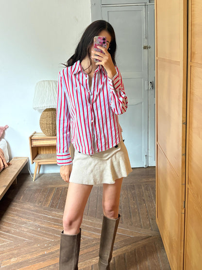 Red & Blue Candy Stripe Cotton Shirt, Equestrian Style Button Up, Embroidered Horse Blouse, Preppy Vintage Shirt, Women's M-L