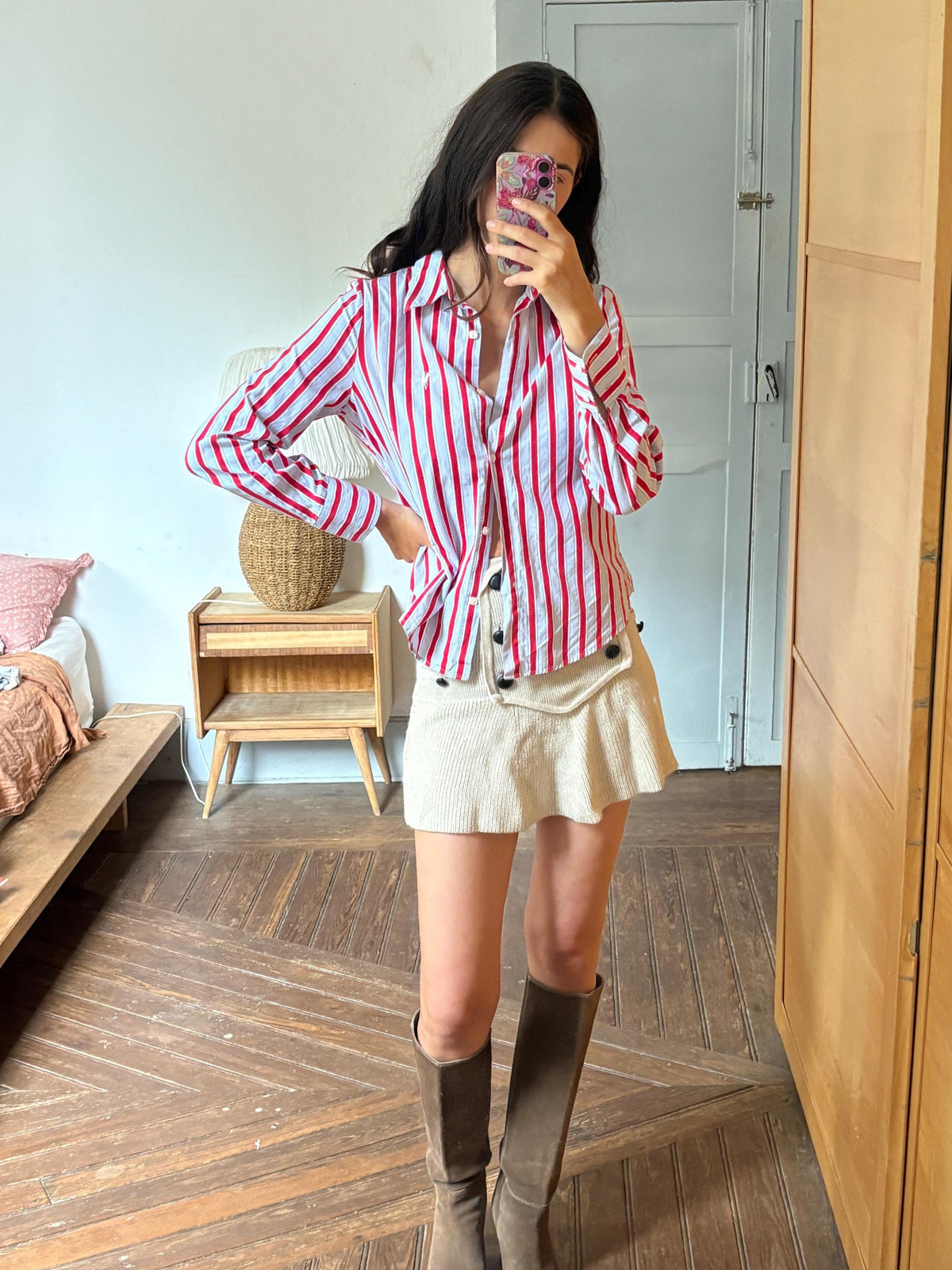 Red & Blue Candy Stripe Cotton Shirt, Equestrian Style Button Up, Embroidered Horse Blouse, Preppy Vintage Shirt, Women's M-L