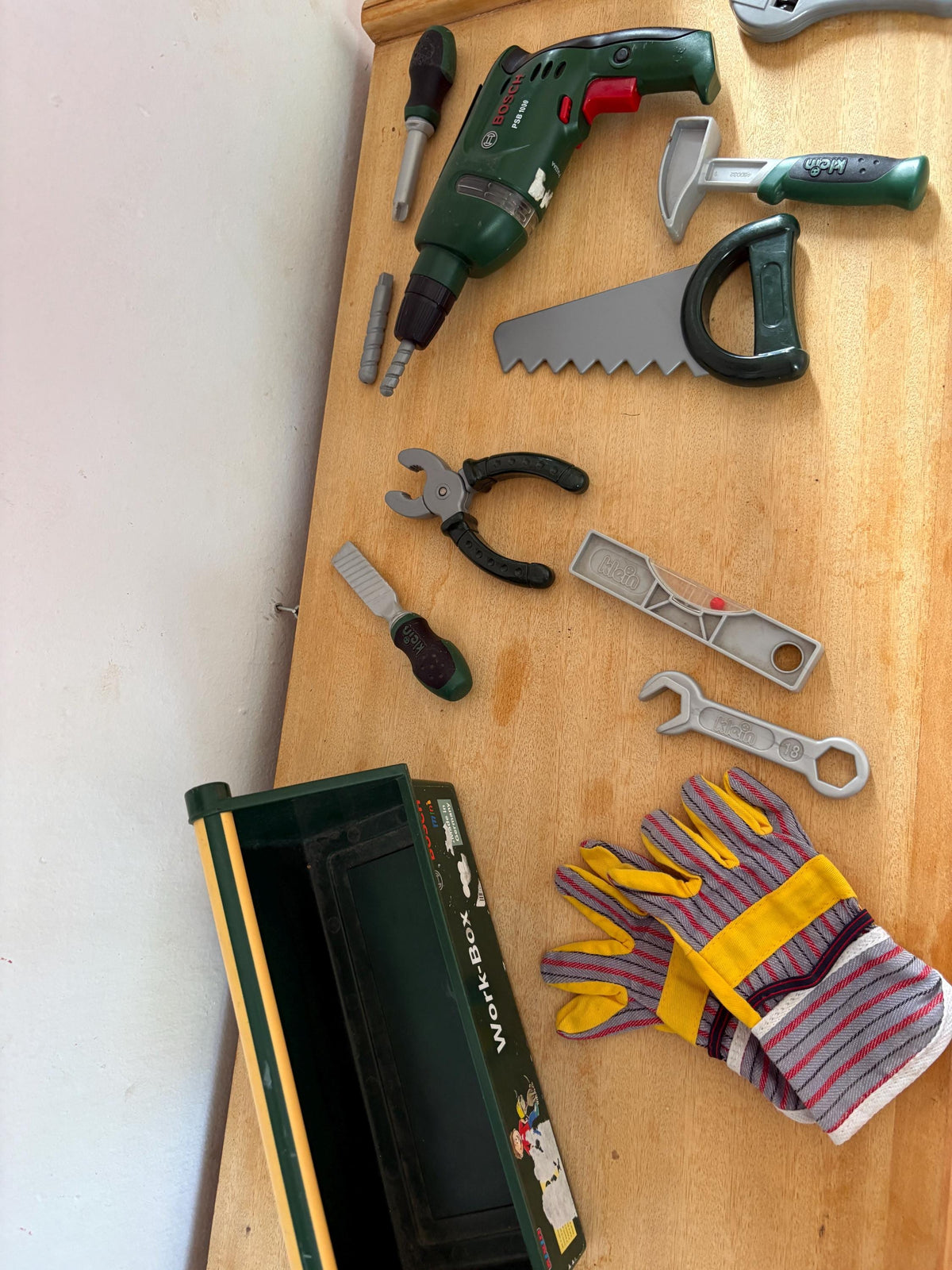 Bosch Klein Kids Workbench Tool Set | Toy Toolbox , Pretend Play Builder Kit | Wooden Workbox | Montessori Style Gift