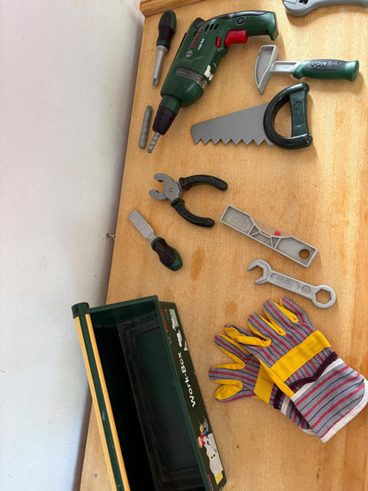 Bosch Klein Kids Workbench Tool Set | Toy Toolbox , Pretend Play Builder Kit | Wooden Workbox | Montessori Style Gift