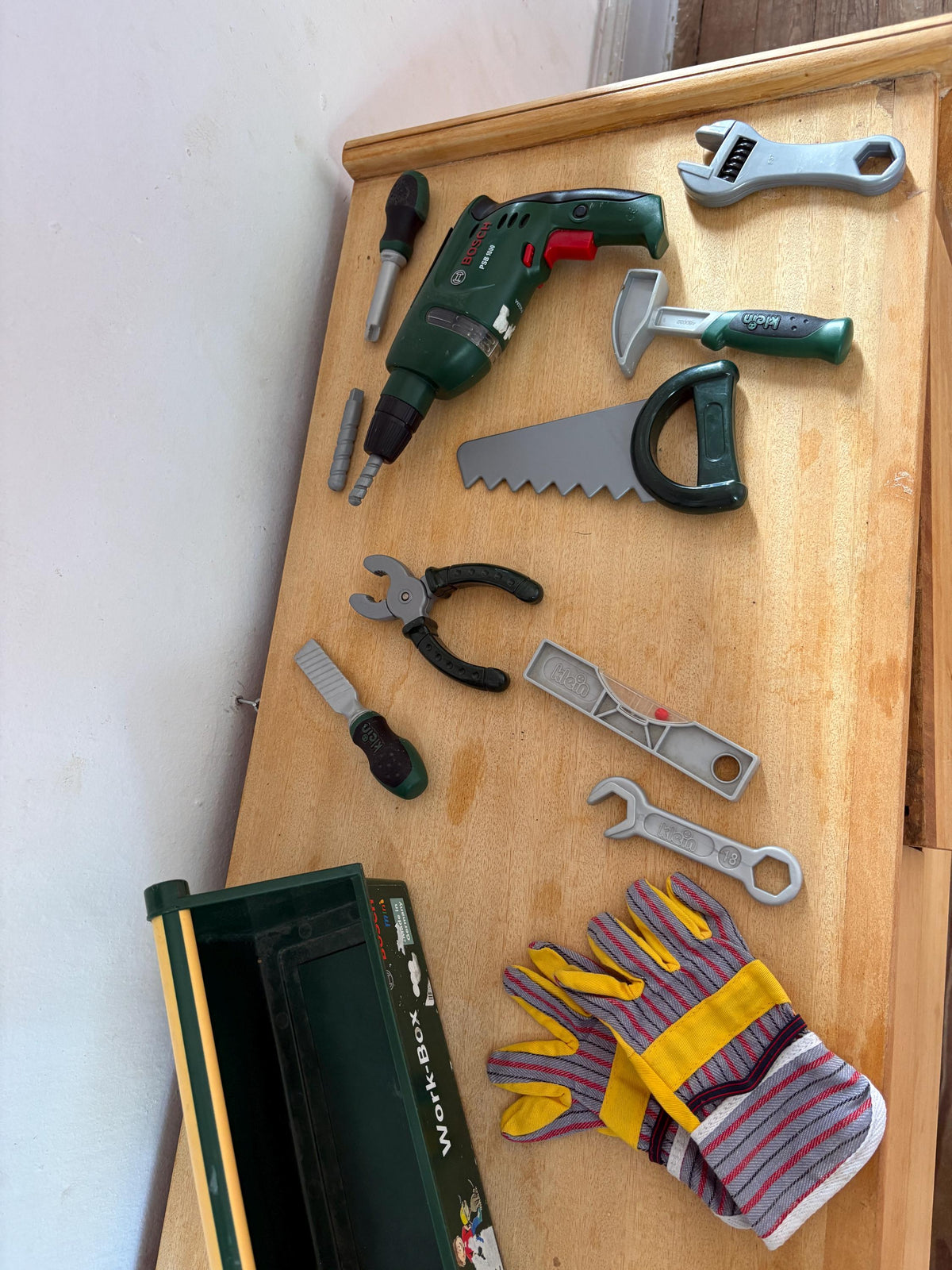 Bosch Klein Kids Workbench Tool Set | Toy Toolbox , Pretend Play Builder Kit | Wooden Workbox | Montessori Style Gift