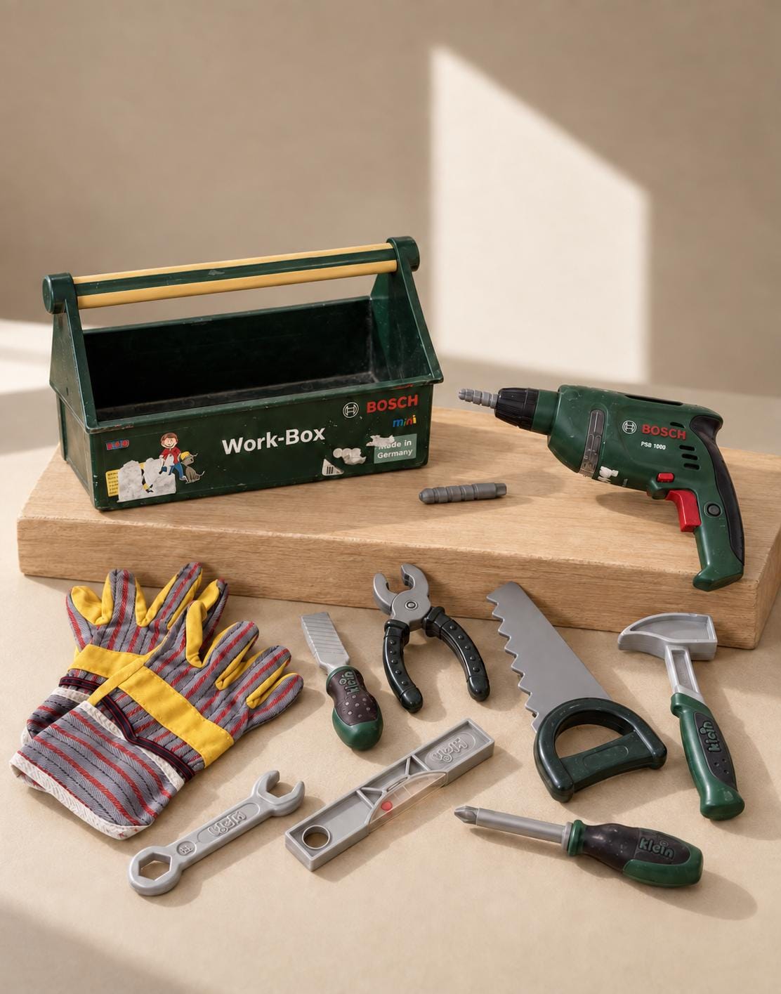 Bosch Klein Kids Workbench Tool Set | Toy Toolbox , Pretend Play Builder Kit | Wooden Workbox | Montessori Style Gift