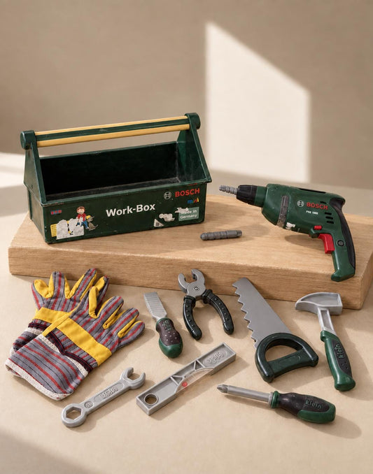 Bosch Klein Kids Workbench Tool Set | Toy Toolbox , Pretend Play Builder Kit | Wooden Workbox | Montessori Style Gift