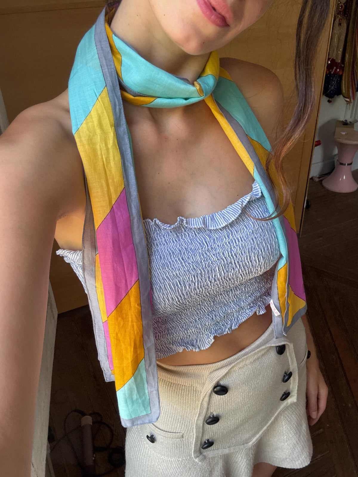 Vintage Michel Vernet Cotton Scarf | Colour Block Neck Scarf | French Chic | 90s Pop