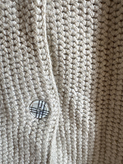 Burberry London Chunky Wool Cardigan | Beige Knit Button Up | Cozy Winter wear | Nova Check Buttons