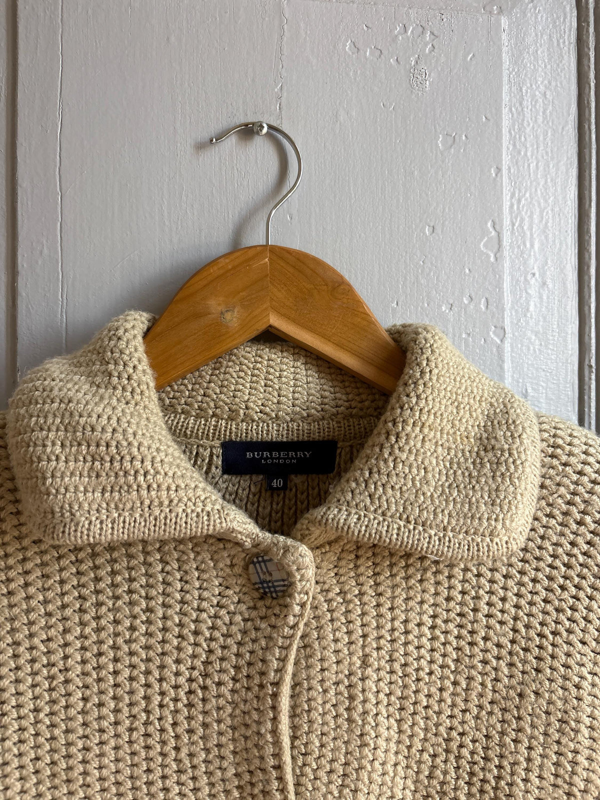 Burberry London Chunky Wool Cardigan | Beige Knit Button Up | Cozy Winter wear | Nova Check Buttons