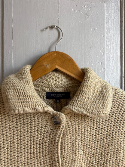 Burberry London Chunky Wool Cardigan | Beige Knit Button Up | Cozy Winter wear | Nova Check Buttons